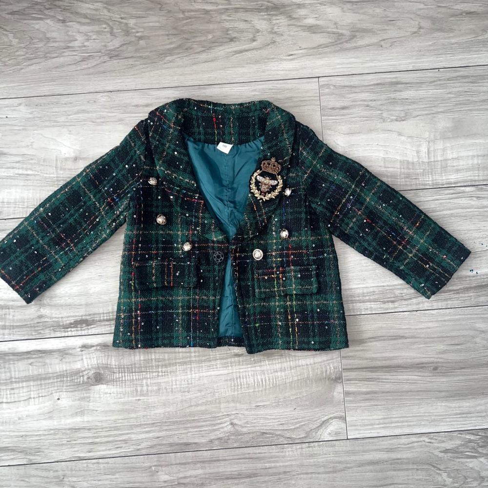 Kids Green Plaid Tweed Sequin Bee Crest Blazer Jacket Double Breasted Size 100